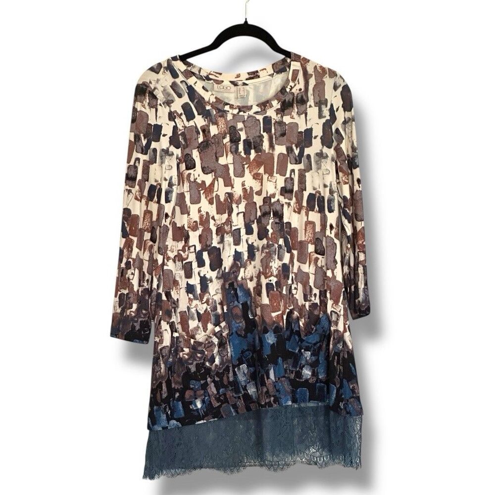 Logo By Lori Goldstein Long Sleeve Lace Hem Top XS Abstract Print